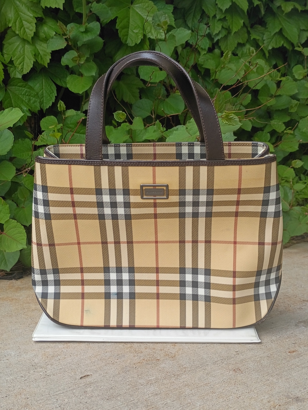 Burberry Nova Check Tote with Dual Comparments and Dark Brown Trim